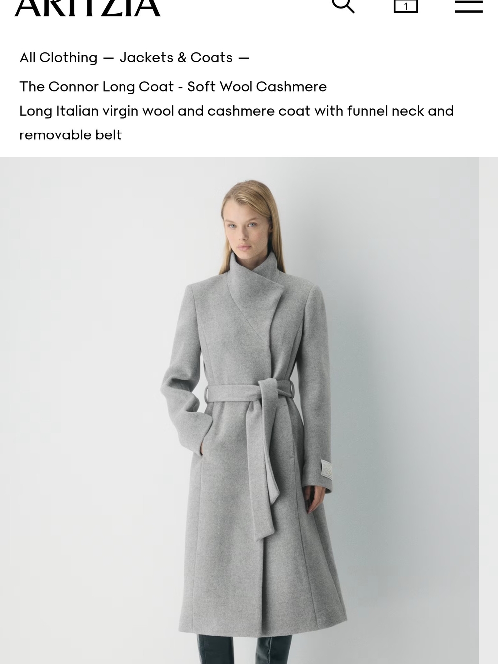 Aritzia The Connor Long Wool-Cashmere Funnel Coat in Light Gray